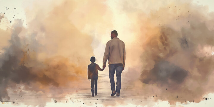 Parent and child silhouette walking away. Support concept art. Parenting and supporting abstract watercolor illustration. Parenthood and childhood. Walking down the path of righteousness.