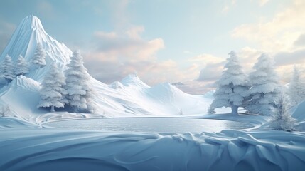Snow-covered mountain landscape with trees in the foreground