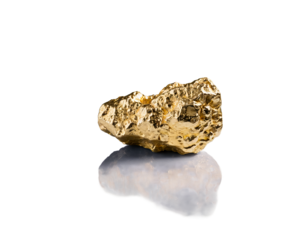 A valuable gold nugget displayed prominently on a reflective surface, symbolizing wealth and luxury