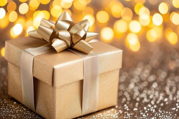 A beautiful gold gift box with a decorative ribbon tied around the top