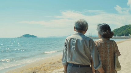 A pair of people walking together on a sandy beach, enjoying the scenery and each other's company
