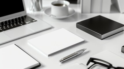 Modern Professionalism Sleek Black and Silver Office Accessories Surround Blank Business Cards on White Tabletop
