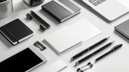 Modern Professionalism Sleek Black and Silver Office Accessories Surround Blank Business Cards on White Tabletop