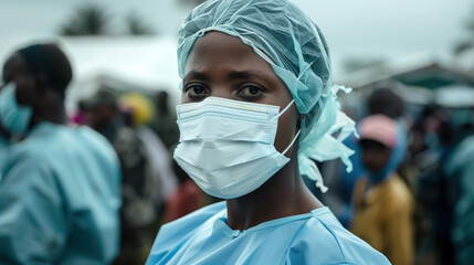 African Healthcare Worker in Protective Gear Amidst Crowd. Doctors without Borders.