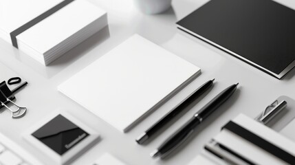 Modern Professionalism Sleek Black and Silver Office Accessories Surround Blank Business Cards on White Tabletop