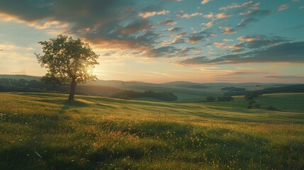 Fototapeta premium Lone tree standing tall in a grassy field as the sun sets, a serene and peaceful scene