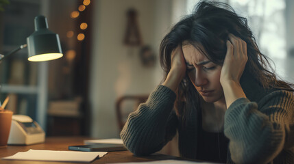 Stressed woman sitting at a desk with head in hands