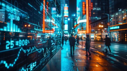 A bustling city street at night, featuring a large digital display showcasing financial data with lines and numbers. - Powered by Adobe