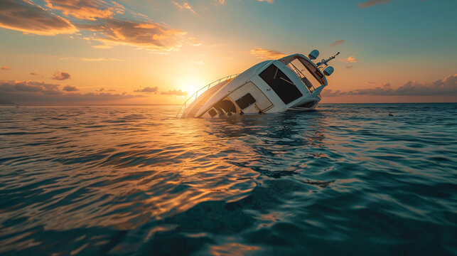 Luxury yacht capsizing in serene ocean waters against a breathtaking sunset backdrop