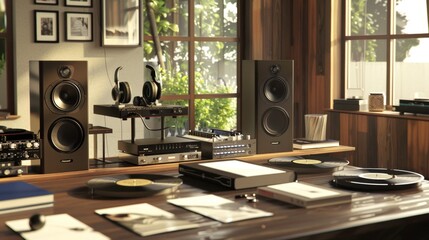 Immersive Audio Experience Premium Headphones Speakers and Vinyl Records in HighEnd Listening Room