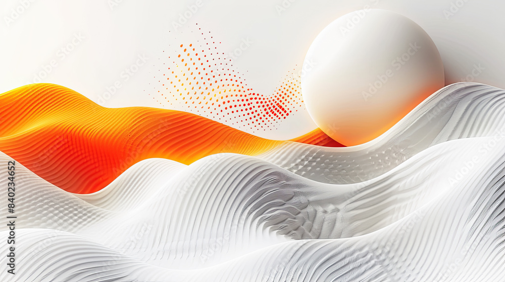 Poster abstract orange and white waves background 3d render with sphere and halftone pattern minimalistic m