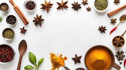 Food background with spices, herbs and utensil on white background. Generative AI