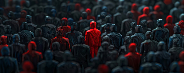 One lone red figure amidst a sea of dark figures in a crowd
