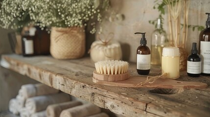 A dry body brush and natural skincare products on a rustic wooden shelf, spa-like setting, botanical elements