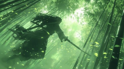 Fototapeta premium A dynamic scene of a ninja girl leaping through the bamboo forest, her sword flashing in the sunlight, graceful and powerful
