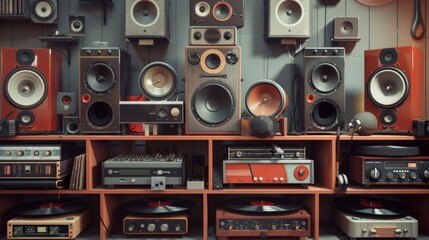 Obraz premium Vintage Audio Workshop Retro Tube Amplifiers Vinyl Records and Business Cards for Music Enthusiasts and Collectors