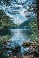A serene lake surrounded by lush greenery and rocky formations, perfect for use as a background or in outdoor-themed projects
