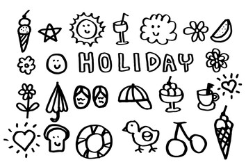 Holoday element, sun, flower, icecream, coffee, smile, doodle handdrawn