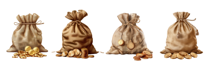 Collection bag with coin isolated on transparent background. Generated AI