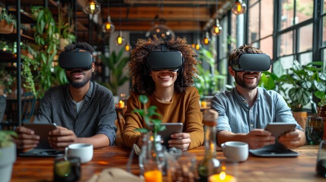 VR business collaboration: Colleagues collaborating in a virtual reality environment, working on projects from different locations