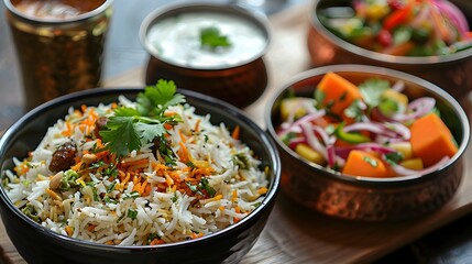 Vibrant Indian Biryani Feast with Sides of Pickles and Raita