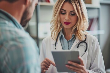 A woman in a lab coat examines a tablet, likely reviewing data or analyzing information