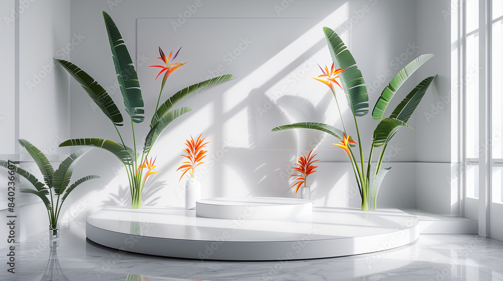 Poster white round empty display podium with tropical strelitzia reginae plants in modern minimalistic inte