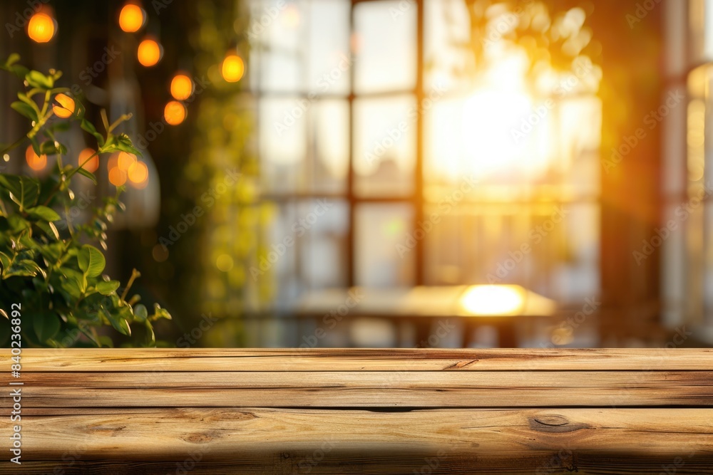 Poster A simple wooden table positioned in front of a window with natural light pouring in