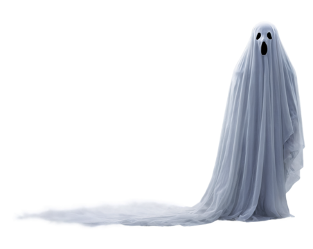 A spooky ghostly figure draped in a white sheet against a light background, symbolizes haunting