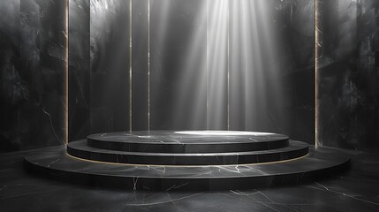Obraz premium A sleek black glossy podium in a luxury environment, illuminated by focused spotlights, positioned centrally with ample copy space.