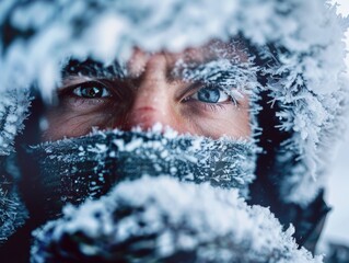 A close-up of a person's face and body covered in frost, possibly due to being outside in cold weather