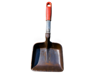 A used metal dustpan with a red handle exhibits signs of wear and suggests practicality and utility on a white backdrop