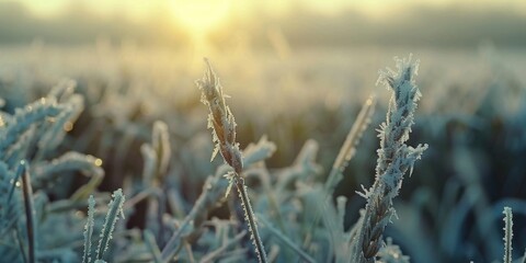 A close-up shot of a field of grass covered in frost, with the sun shining in the background - Powered by Adobe