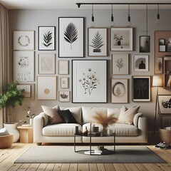 A living room style interior set design with a mockup poster empty white and with a couch and pictures on the wall Vibrant.