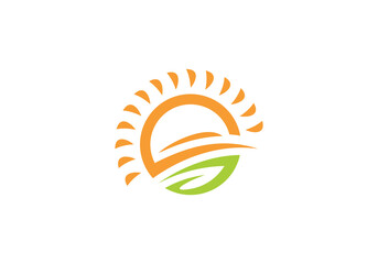 Obraz premium nature land with sun circle logo. creative agriculture design symbol vector