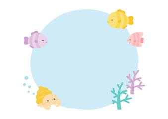 海の生き物たちの夏のフレーム、かわいい魚とヤドカリとサンゴ01