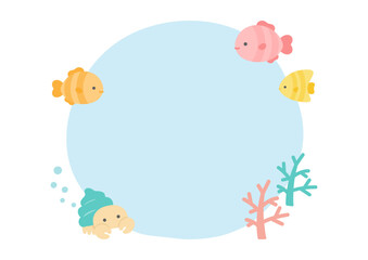 海の生き物たちの夏のフレーム、かわいい魚とヤドカリとサンゴ02