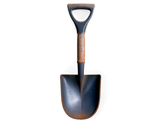 A well-used, rusty metal shovel with a black handle isolated on a white background, showing signs of wear and age