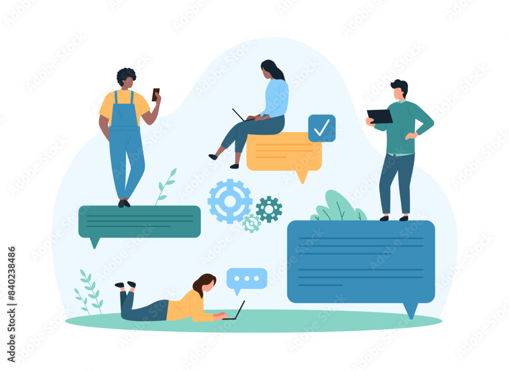 Poster chat messages of virtual conversation in mobile app. tiny people talk with friends via speech bubble