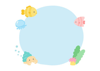 海の生き物たちの夏のフレーム、かわいい魚とクラゲとヤドカリとイソギンチャク01