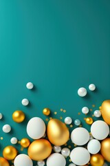 A bouquet of colorful balloons in shades of gold and white floating against a lush green background