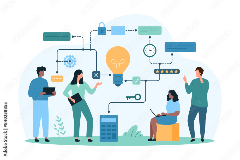 Poster planning business project using infographic diagram. tiny people plan steps to implement innovation 