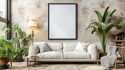 Blank frame mockup on a wall in a living room with soft couch cushions green potted houseplants coffee table