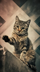 photograph of a cat sitting erect and raising one paw