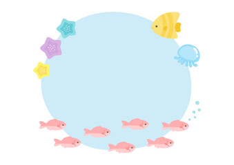 夏の海のフレーム、かわいい魚とクラゲとヒトデのあしらい01