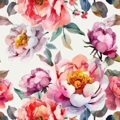 Floral seamless pattern with flowers, watercolor pions. Design for wrappers, wallpapers, postcards, greeting cards, wedding invitations
