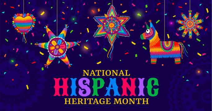 Holiday star, lama and heart pinatas on national Hispanic heritage month, vector banner. Latin America traditional Hispanic heritage month of handicraft art, culture and traditions with Mexican pinata