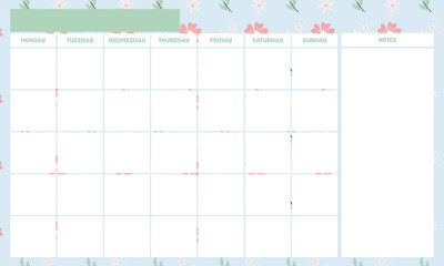 Cute kawaii monthly planner with blue floral background
