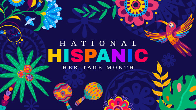 Hispanic heritage month banner with colibri, maracas and tropical flowers pattern vector background. Mexican and spanish culture ethnic festival, latino carnival flyer with floral ornament, bird, palm