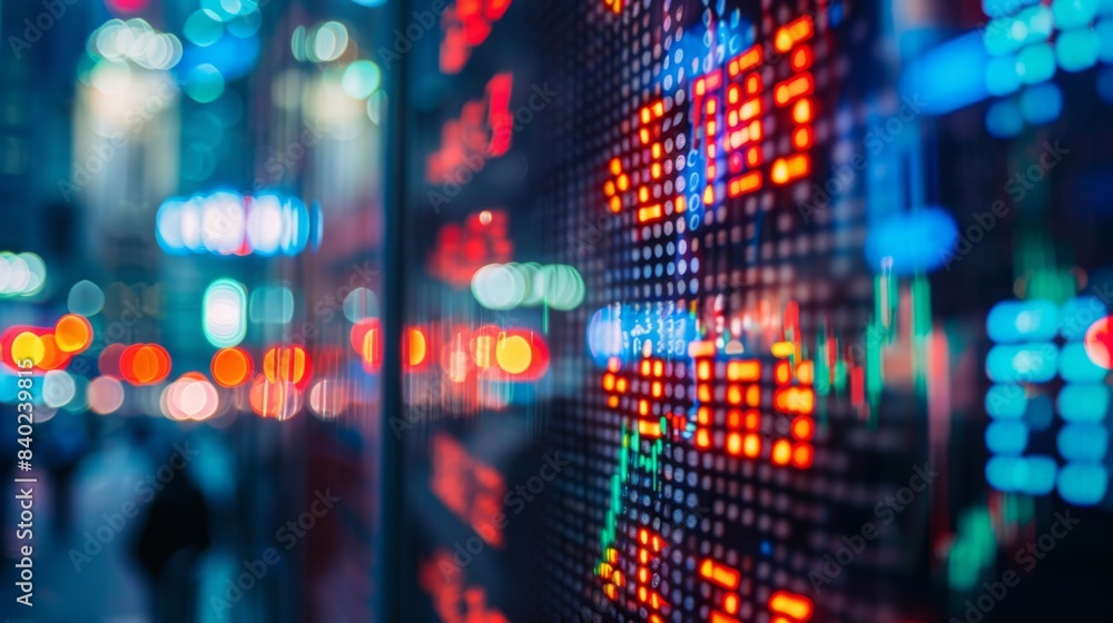Poster a close-up view of a large financial stock ticker displaying numerical data and charts, with blurry 